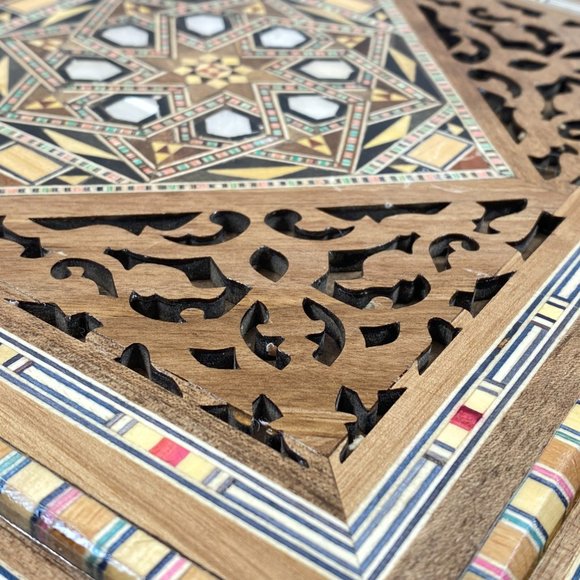 Wooden Mosaic Jewelry Box, Vintage Handmade Square Trinket, Inlaid with Mother o - Picture 8 of 10